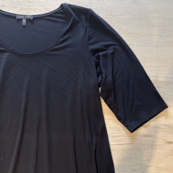EILEEN FISHER Black Dress Size Large Stretch Jersey Midi Rayon Soft - Picture 2 of 9